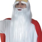 Αποκριάτικη Περούκα Ίσια Λευκή Πανοραμίξ με Μούσι και Φρύδια