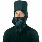 Αποκριάτικη Περούκα Ίσια Μαύρη Παπά με Μούσι και Καπέλο