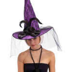 Καπέλο Μάγισσας Μωβ Με Τριαντάφυλλο & Φτερά