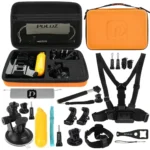 PULUZ 20 in 1 Accessories Combo Kits with Orange EVA Case (Chest Strap + Head Strap + Suction Cup Mount + 3-Way Pivot Arm + J-Hook Buckles + Extendable Monopod + Tripod Adapter + Bobber Hand Grip + Storage Bag + Wrench) for GoPro, Insta360, DJI and Other Action Cameras